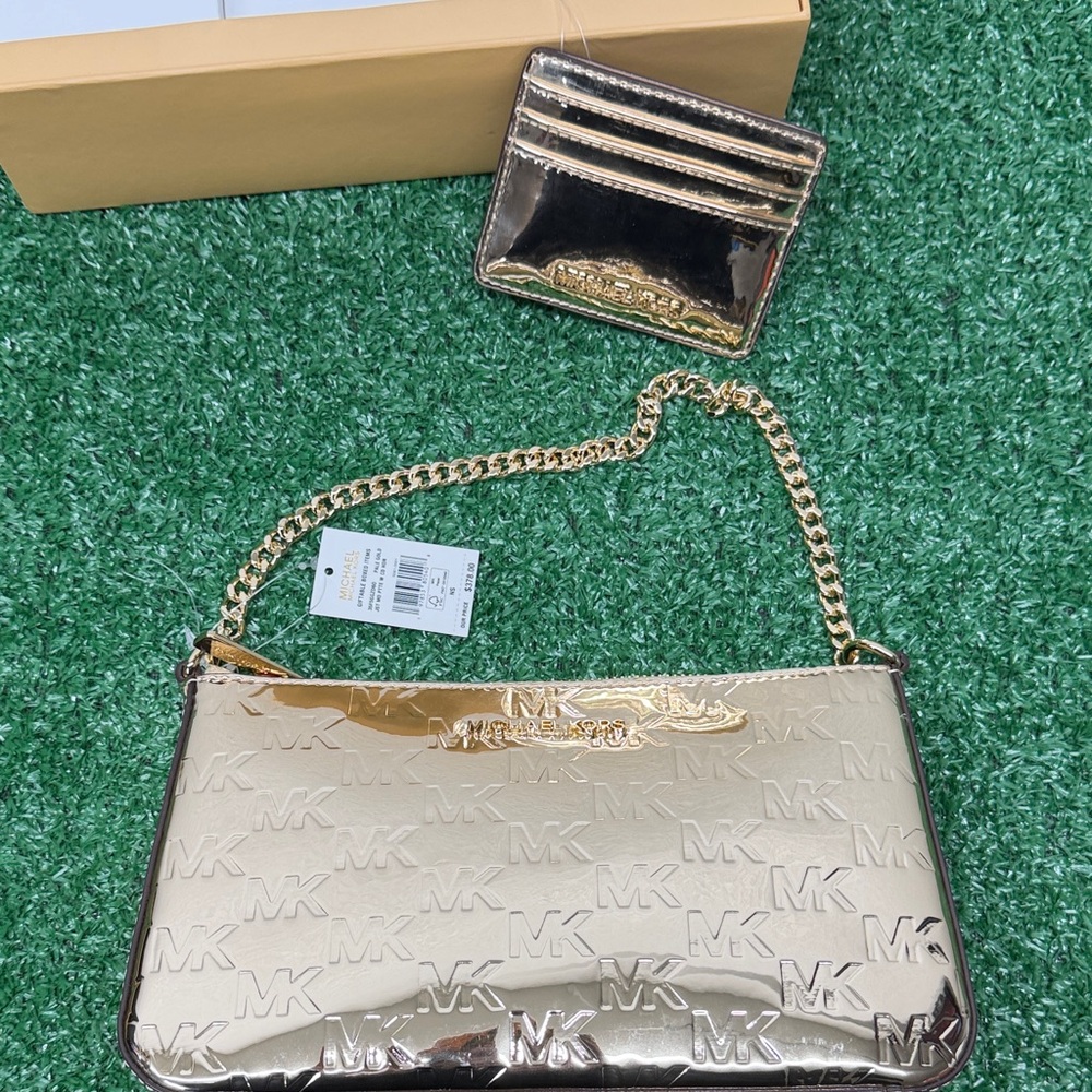 Michael Kors Jet set Gold patent logo convertible tote xbody & Wallet Set